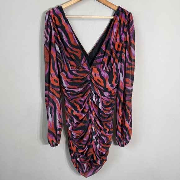 ASOS Zebra Print Plunge Long Sleeve Mini Dress Women's 10 Going Out Party Ruched - Picture 8 of 13